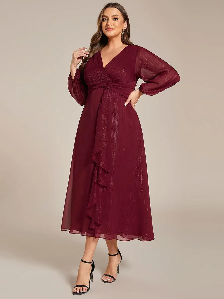 Grande taille Robe de soirée trapèze scintillante à manches longues et col en V en mousseline de soie avec nud torsadé