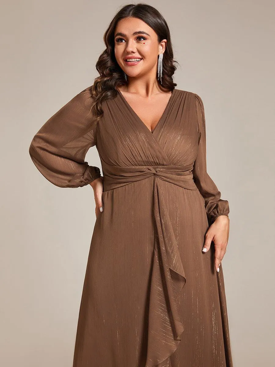 Grande taille Robe de soirée trapèze scintillante à manches longues et col en V en mousseline de soie avec nud torsadé