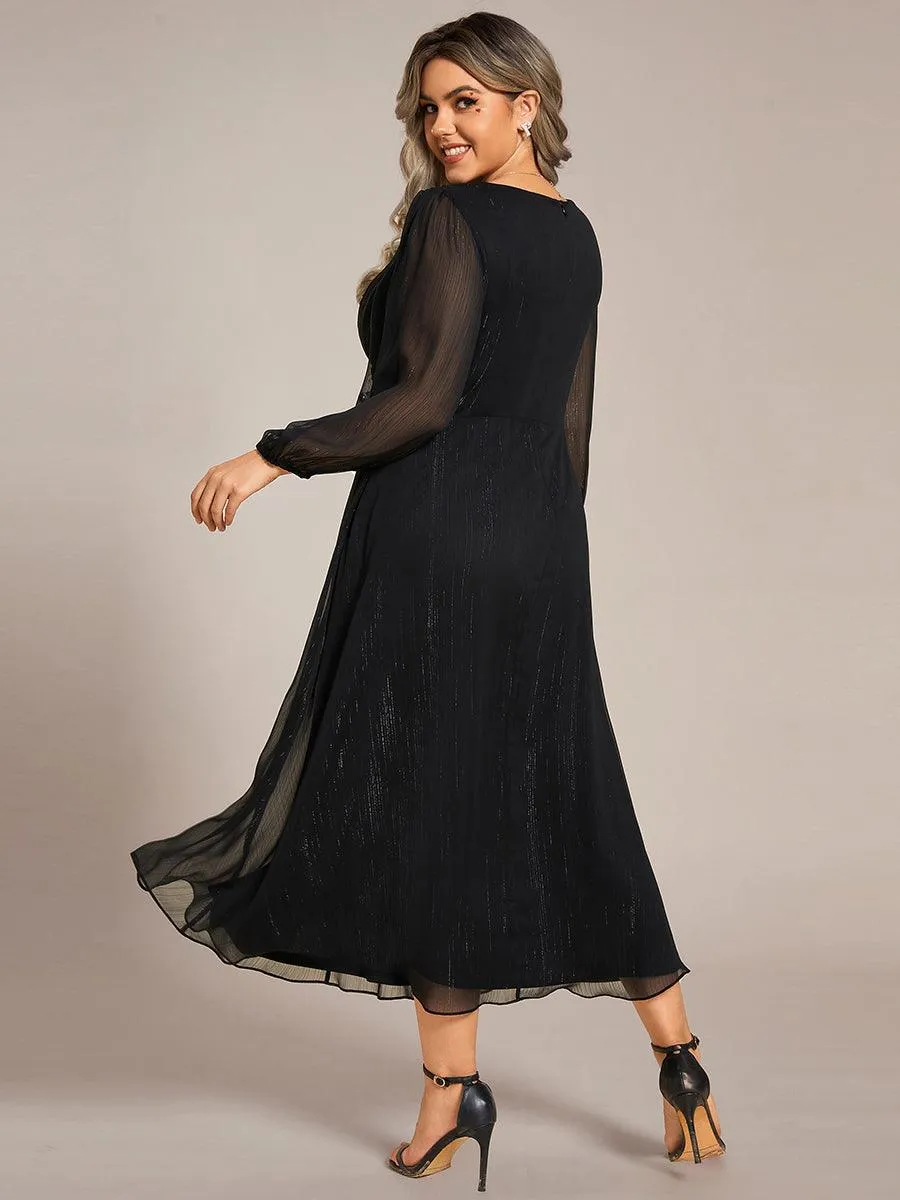 Grande taille Robe de soirée trapèze scintillante à manches longues et col en V en mousseline de soie avec nud torsadé