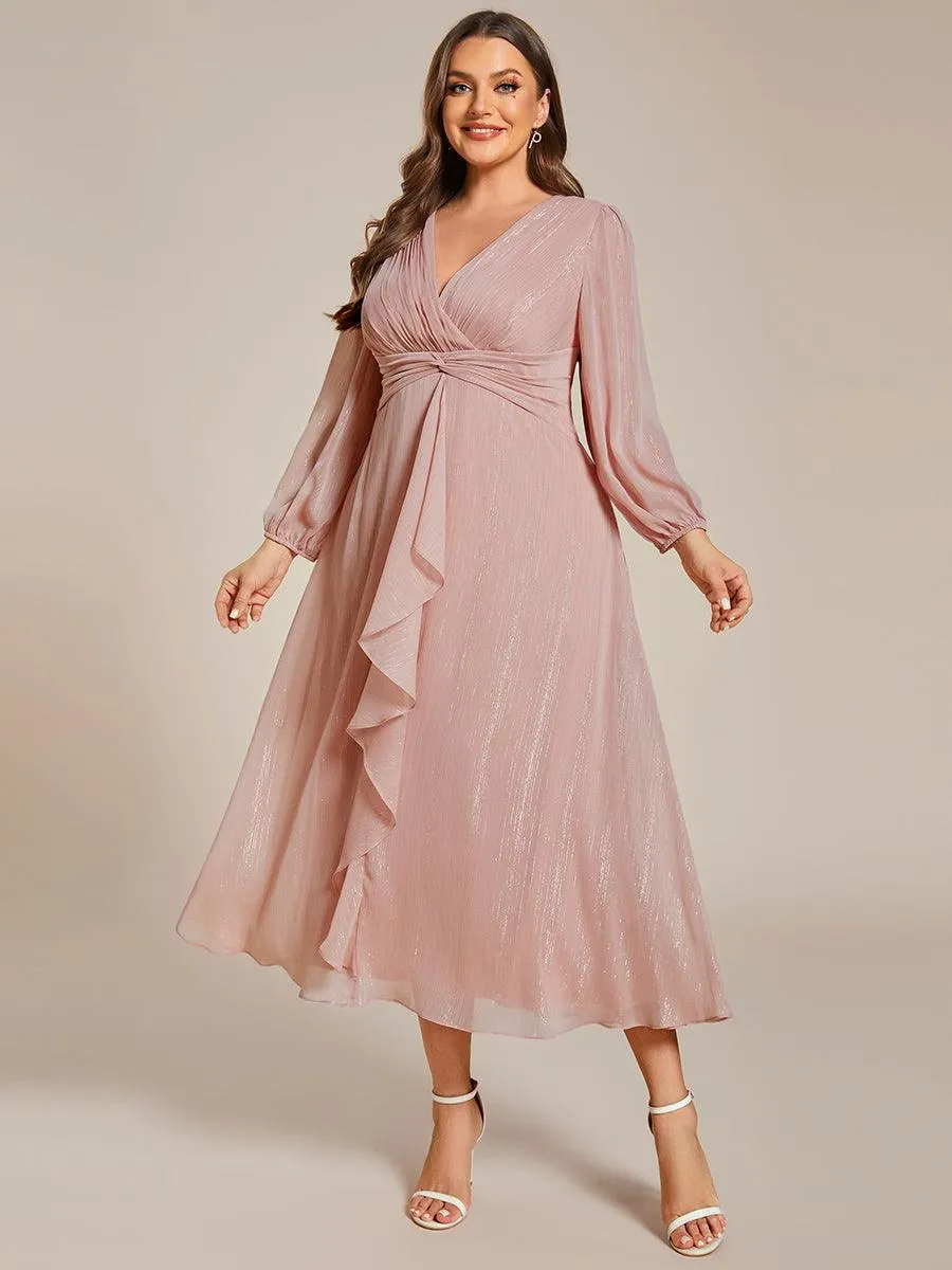 Grande taille Robe de soirée trapèze scintillante à manches longues et col en V en mousseline de soie avec nud torsadé