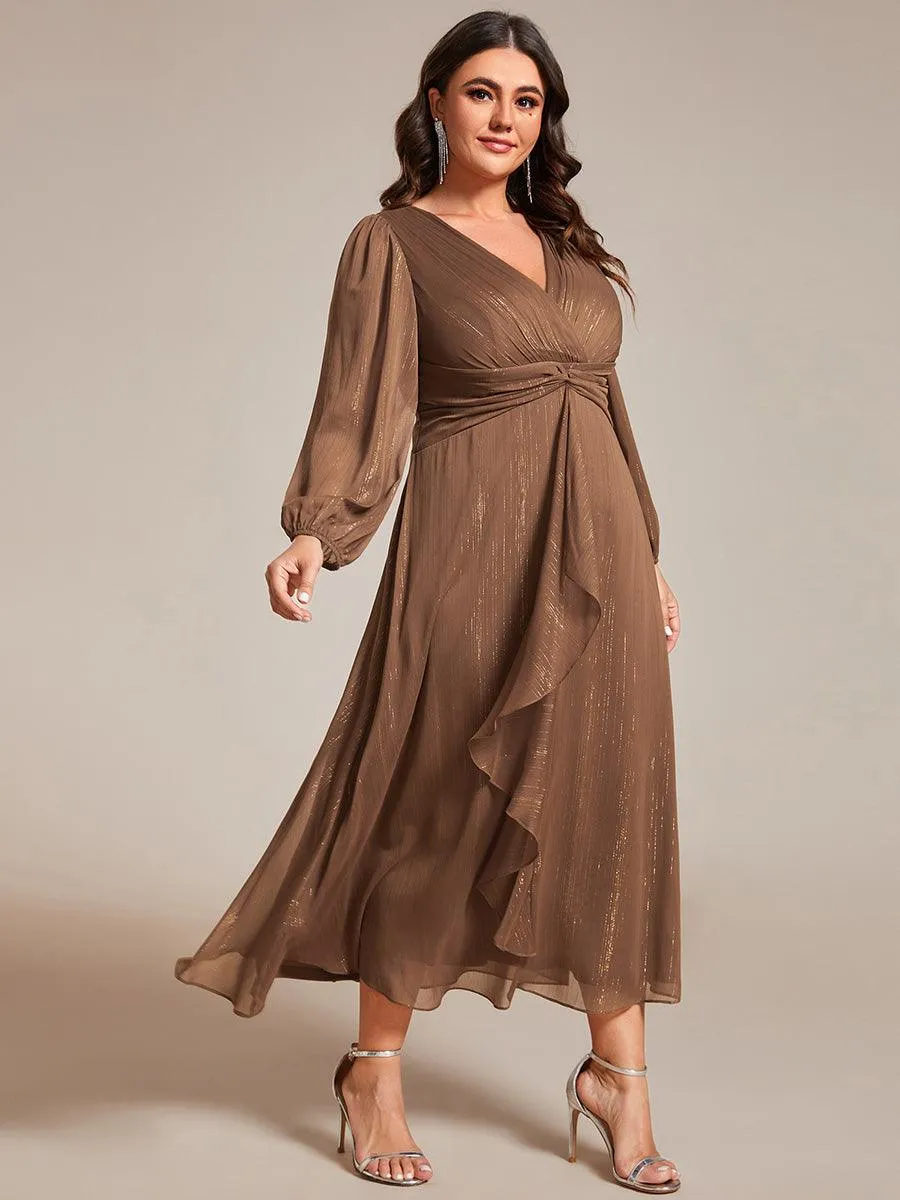 Grande taille Robe de soirée trapèze scintillante à manches longues et col en V en mousseline de soie avec nud torsadé