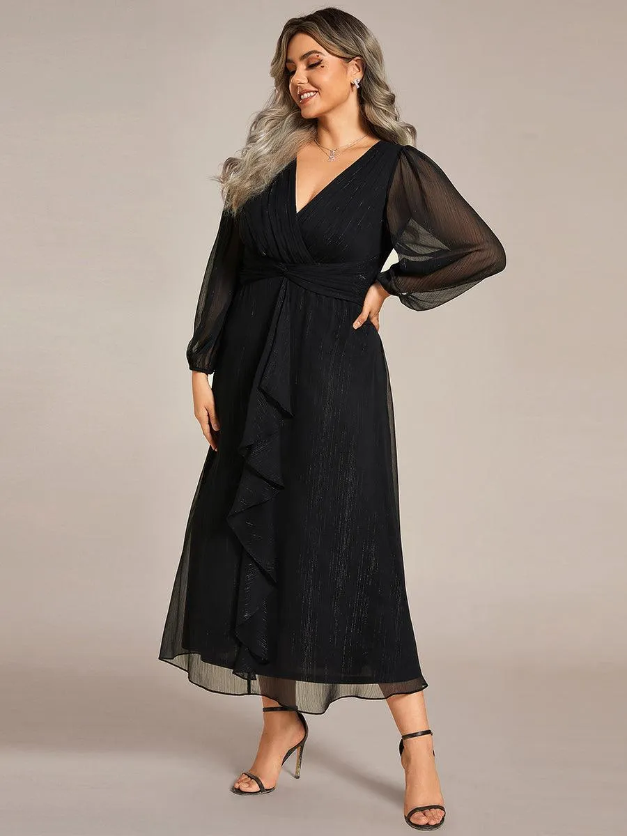 Grande taille Robe de soirée trapèze scintillante à manches longues et col en V en mousseline de soie avec nud torsadé