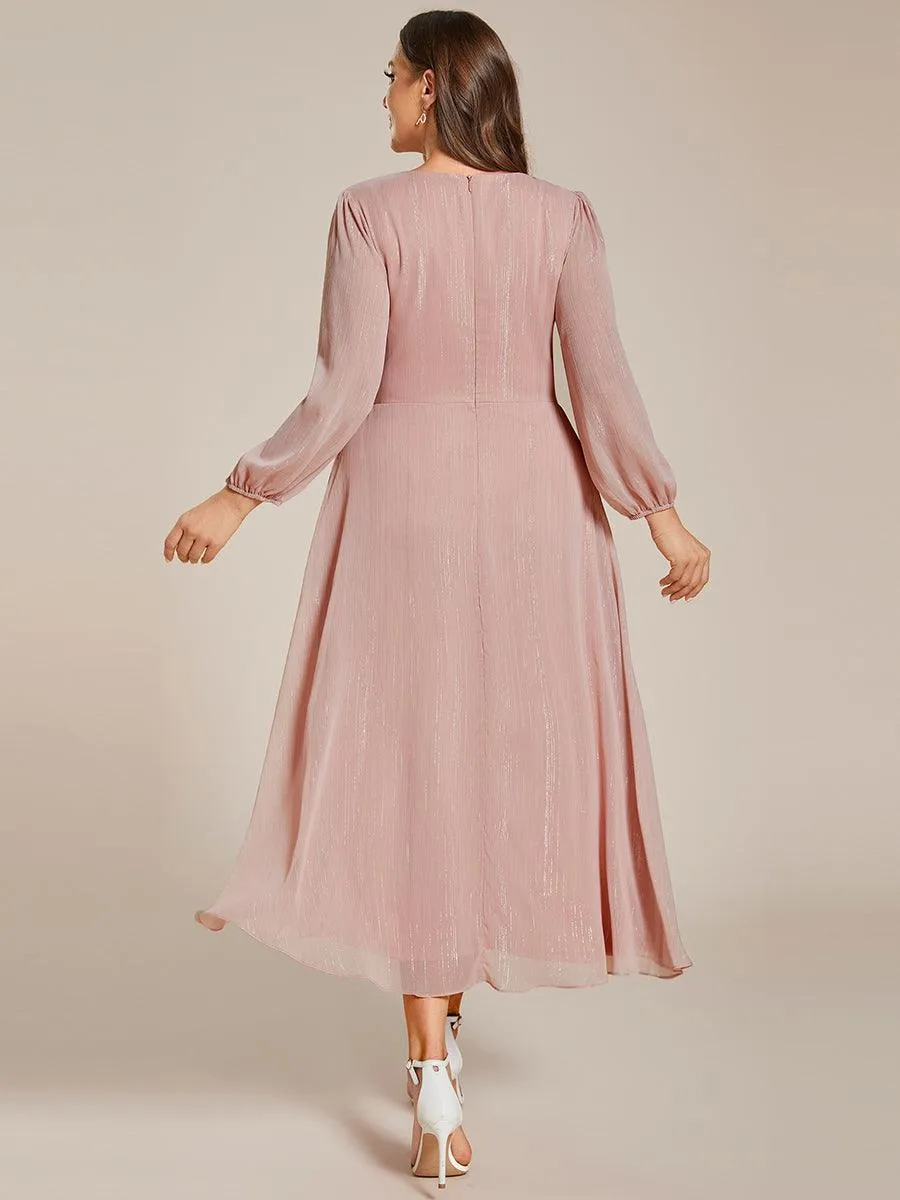 Grande taille Robe de soirée trapèze scintillante à manches longues et col en V en mousseline de soie avec nud torsadé