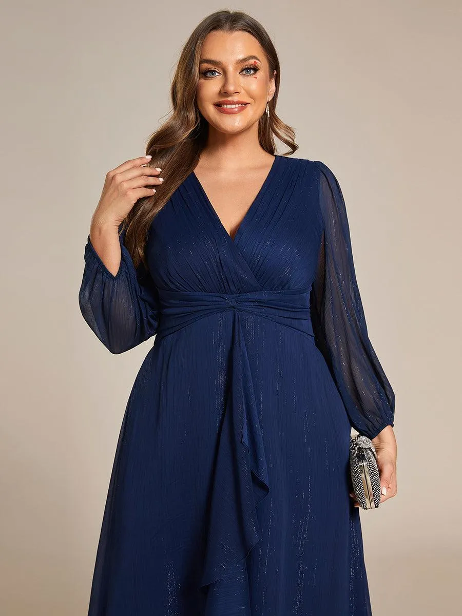 Grande taille Robe de soirée trapèze scintillante à manches longues et col en V en mousseline de soie avec nud torsadé