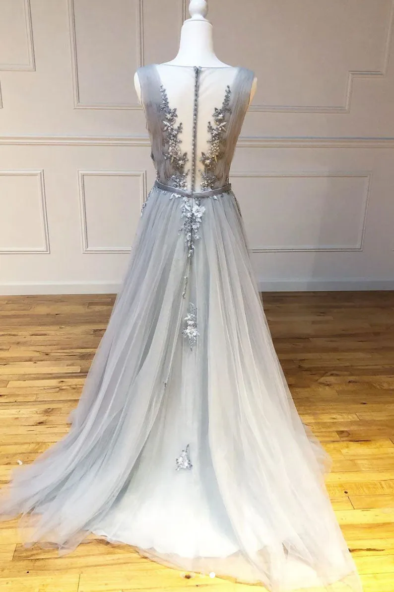 Gray round neck tulle lace long prom dress gray lace evening dress
