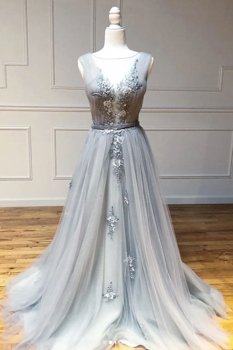 Gray round neck tulle lace long prom dress gray lace evening dress
