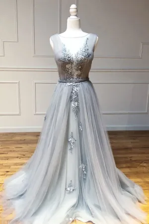 Gray round neck tulle lace long prom dress gray lace evening dress