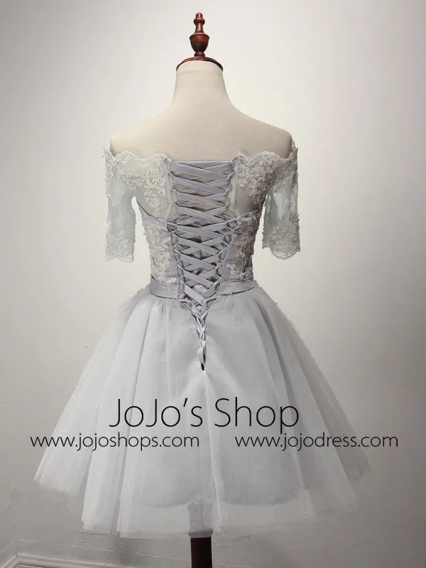 Gray Short Lace Reception Dress with off Shoulder Sleeves