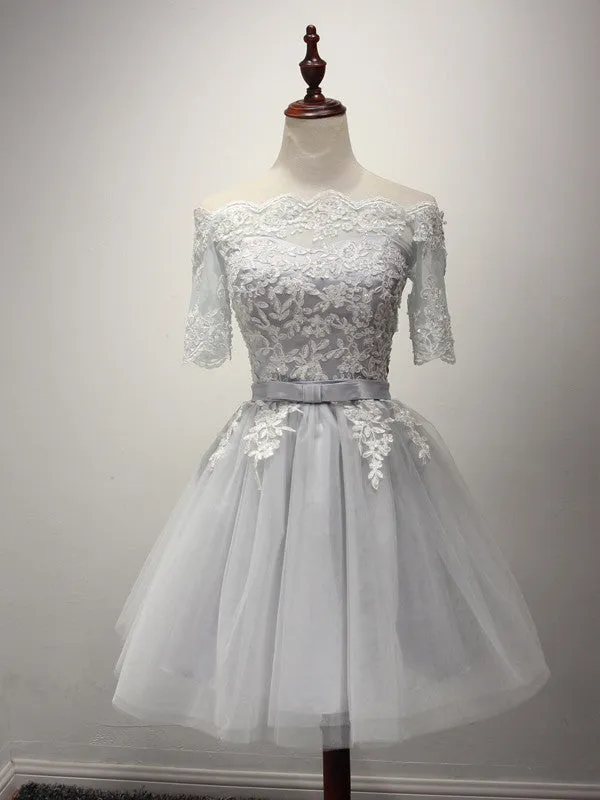 Gray Short Lace Reception Dress with off Shoulder Sleeves