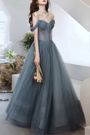 Gray Tulle A-line Off-the-Shoulder Long Prom Dresses, Evening Gowns, MP715