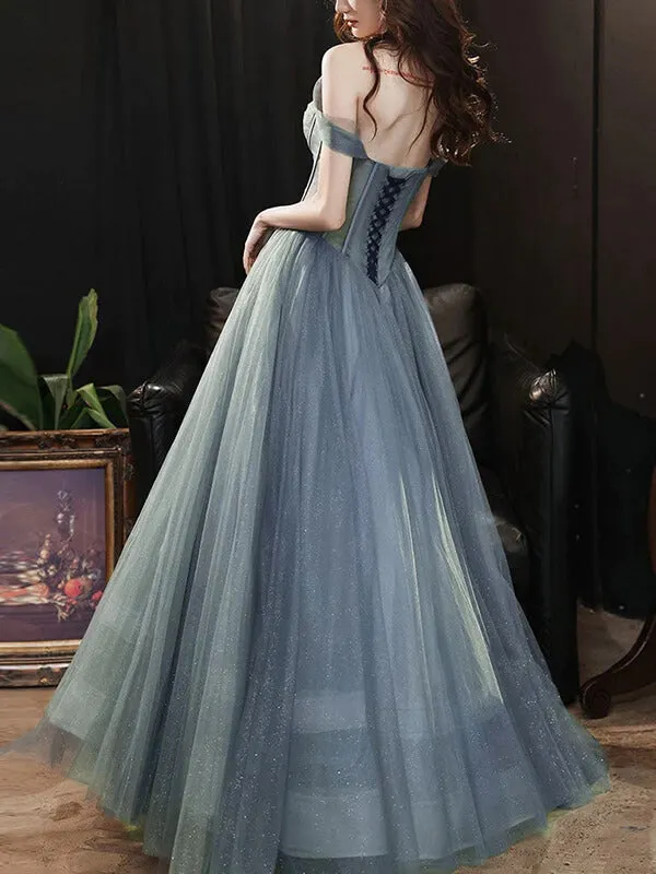 Gray Tulle A-line Off-the-Shoulder Long Prom Dresses, Evening Gowns, MP715