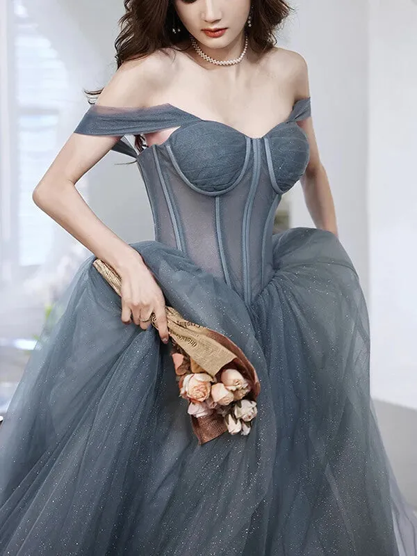 Gray Tulle A-line Off-the-Shoulder Long Prom Dresses, Evening Gowns, MP715
