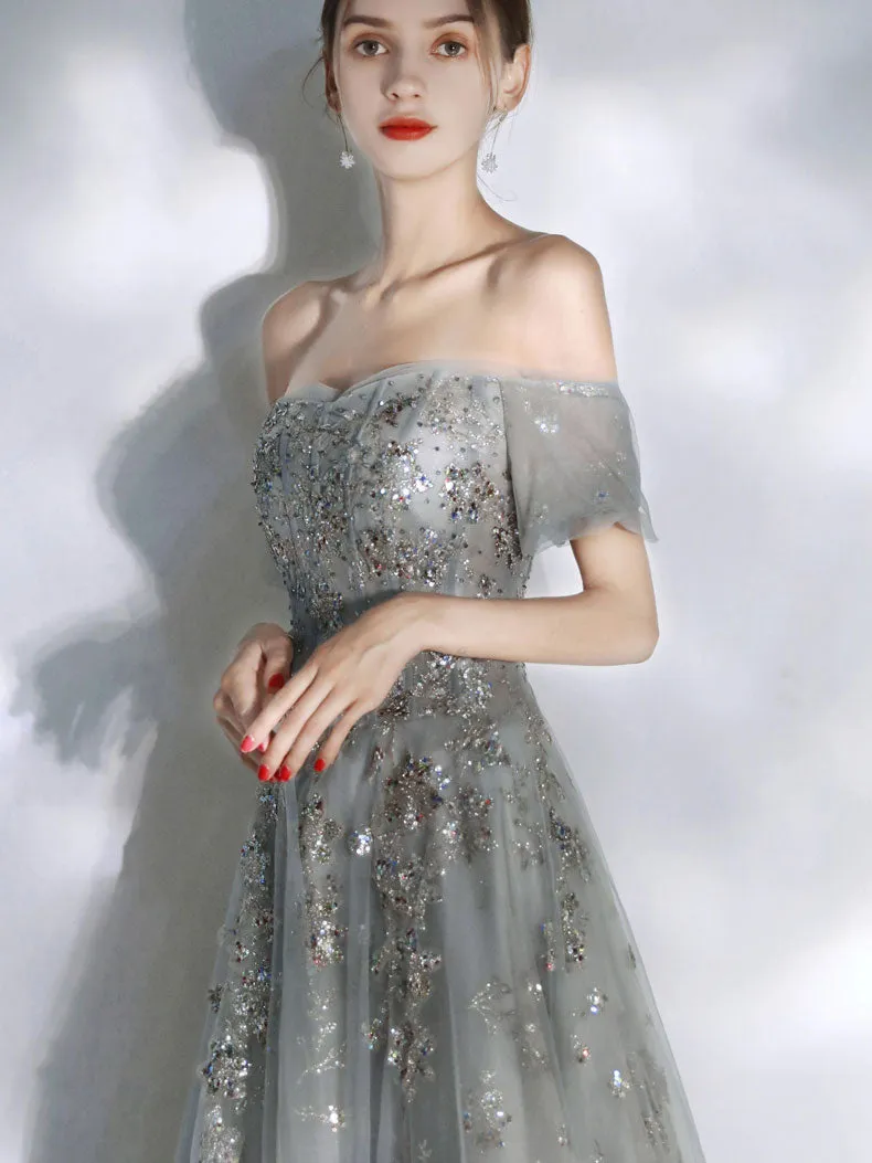 Gray tulle lace sequin long prom dress, gray tulle formal dress
