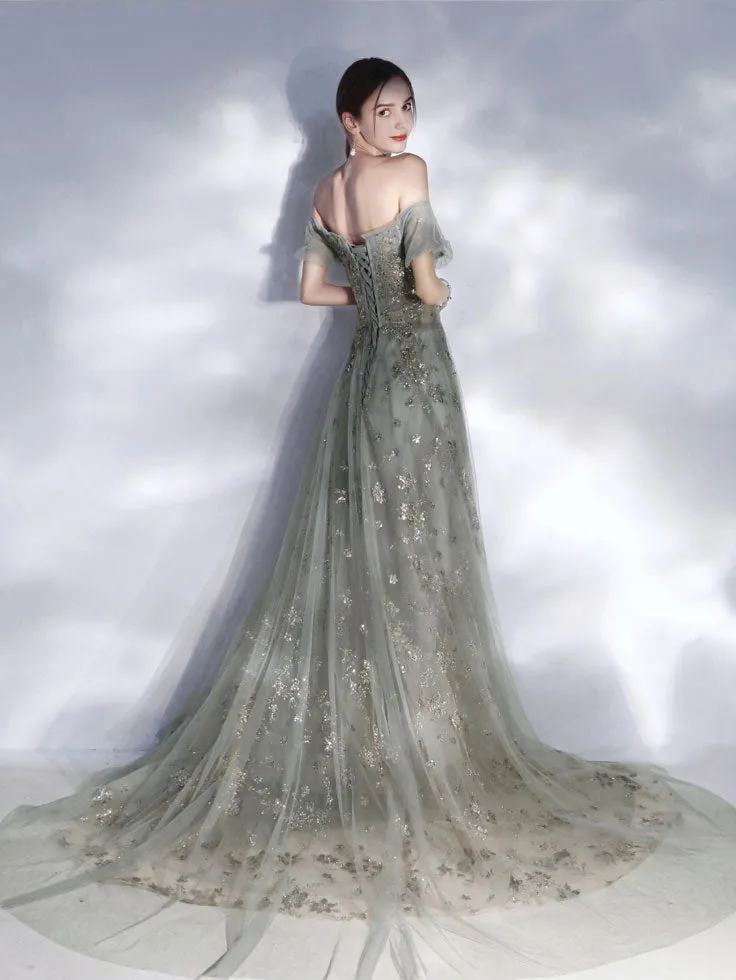 Gray tulle lace sequin long prom dress, gray tulle formal dress