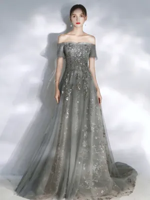 Gray tulle lace sequin long prom dress, gray tulle formal dress