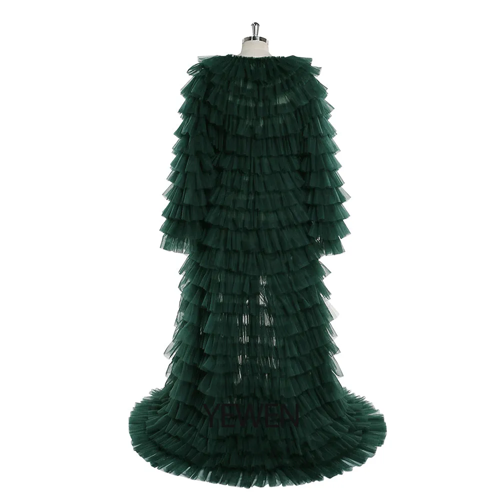 Green Evening Dress Ball Gowns Tulle Tiered Long Sleeve Maxi Formal Dress for Women