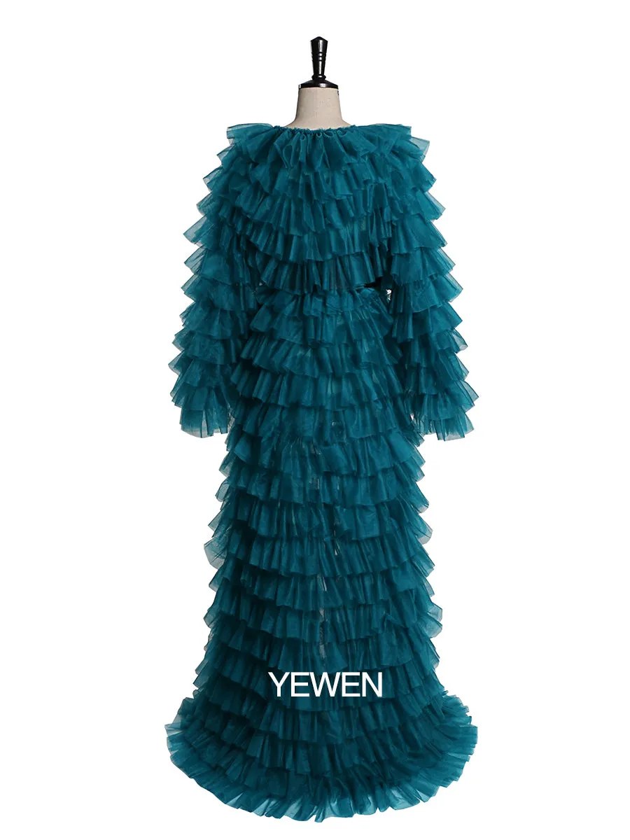 Green Evening Dress Ball Gowns Tulle Tiered Long Sleeve Maxi Formal Dress for Women