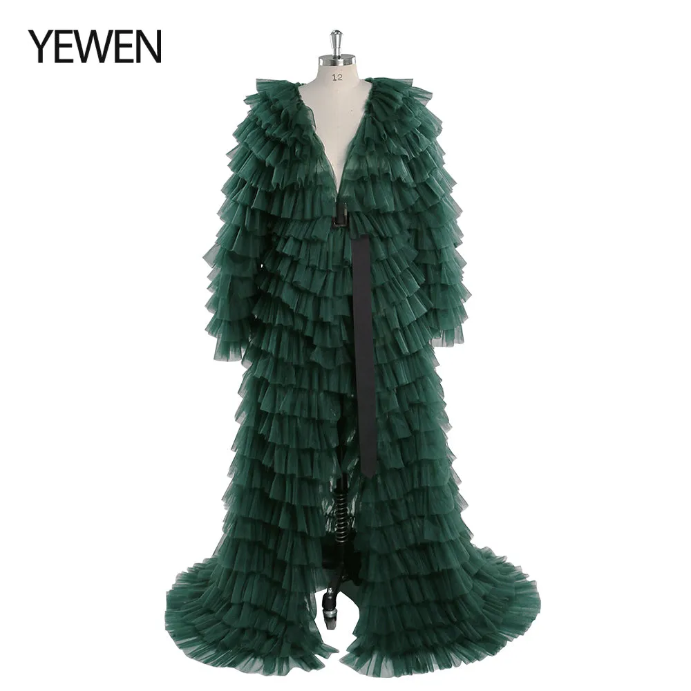Green Evening Dress Ball Gowns Tulle Tiered Long Sleeve Maxi Formal Dress for Women