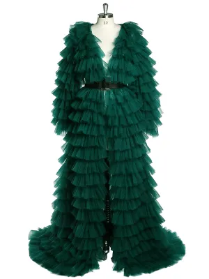 Green Evening Dress Ball Gowns Tulle Tiered Long Sleeve Maxi Formal Dress for Women