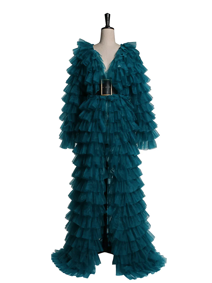Green Evening Dress Ball Gowns Tulle Tiered Long Sleeve Maxi Formal Dress for Women