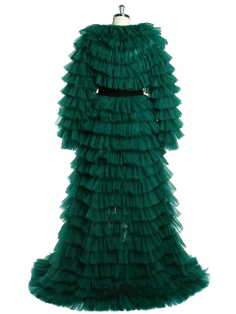 Green Evening Dress Ball Gowns Tulle Tiered Long Sleeve Maxi Formal Dress for Women