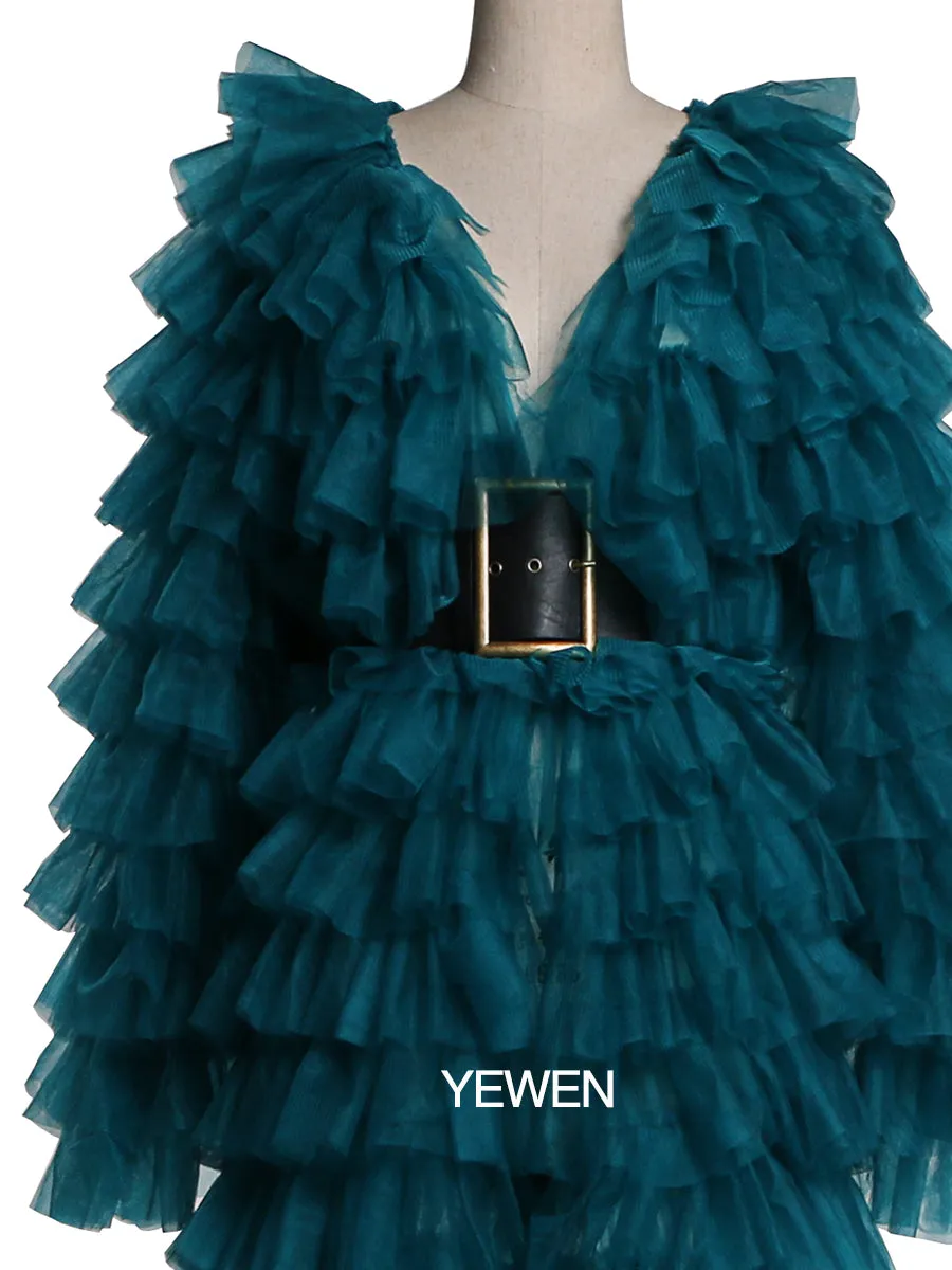 Green Evening Dress Ball Gowns Tulle Tiered Long Sleeve Maxi Formal Dress for Women