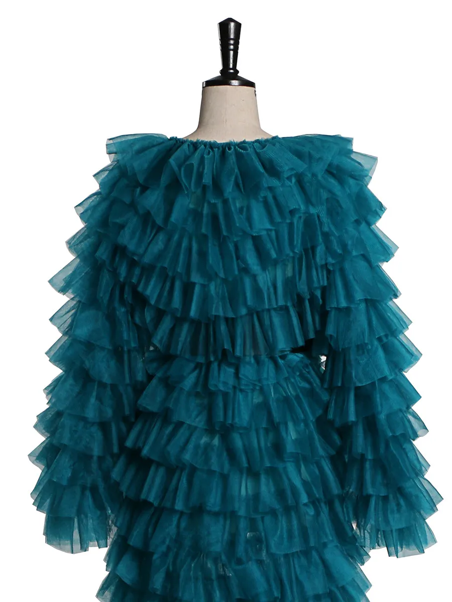 Green Evening Dress Ball Gowns Tulle Tiered Long Sleeve Maxi Formal Dress for Women