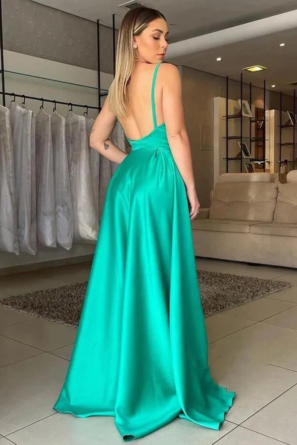 Green Satin A-line V-neck Backless Long Prom Dresses With High Slit, MP905