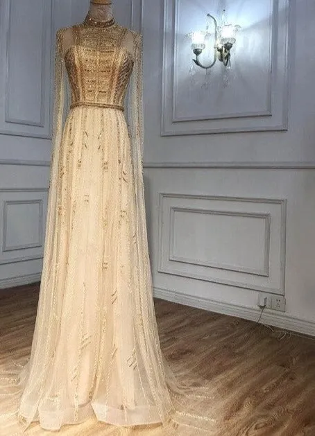 Grey Arabia Luxury Cape Sleeves Beading A-Line Evening Dresses