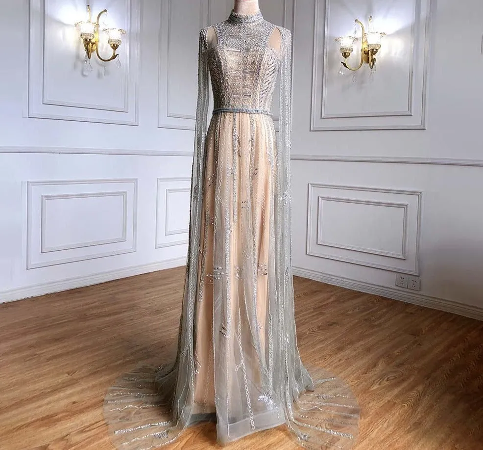 Grey Arabia Luxury Cape Sleeves Beading A-Line Evening Dresses