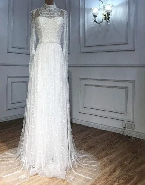 Grey Arabia Luxury Cape Sleeves Beading A-Line Evening Dresses