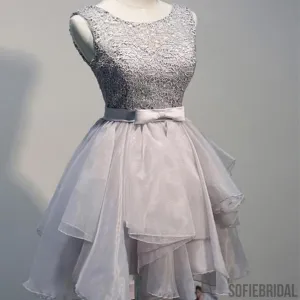 Grey organza unique sleeveless lace homecoming prom dresses, SF0077