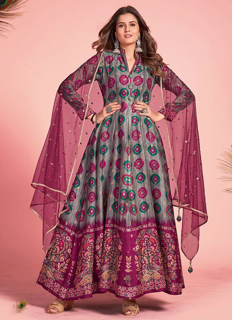 Grey Pink Multicoloured Silk Jacquard Anarkali Gown