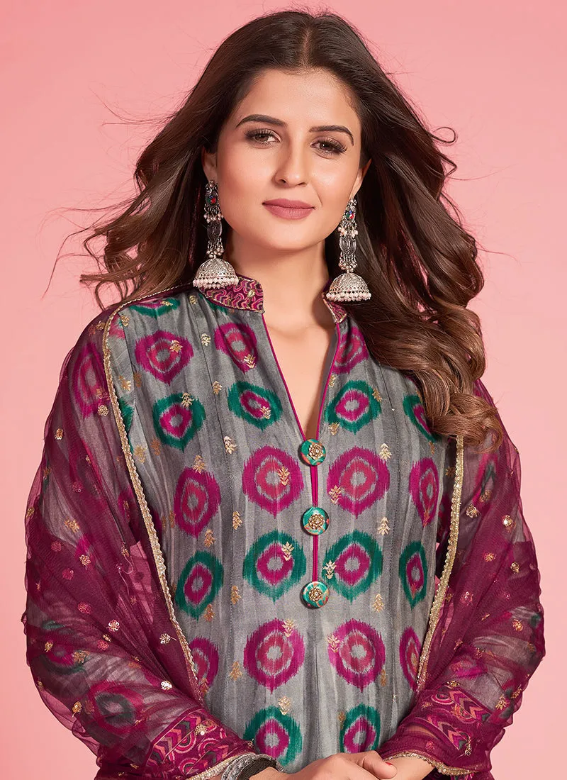 Grey Pink Multicoloured Silk Jacquard Anarkali Gown