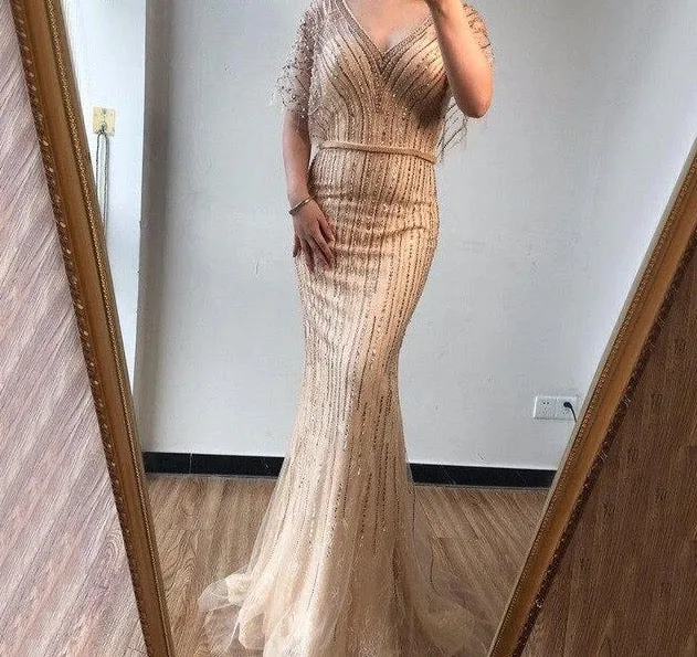 Half Sleeves Mermaid Beading Crystal Evening Gowns