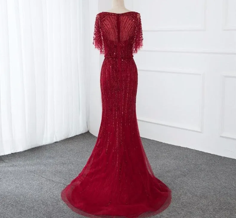Half Sleeves Mermaid Beading Crystal Evening Gowns