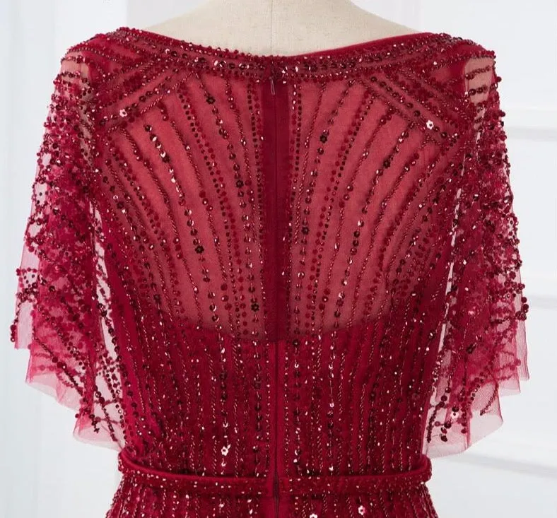 Half Sleeves Mermaid Beading Crystal Evening Gowns