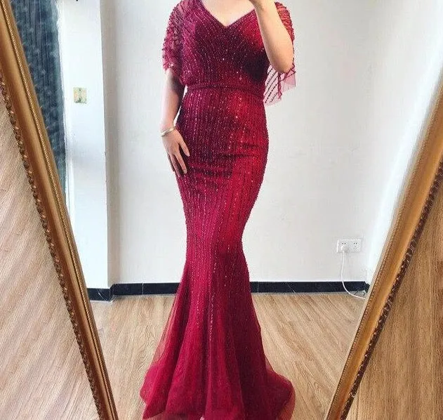 Half Sleeves Mermaid Beading Crystal Evening Gowns