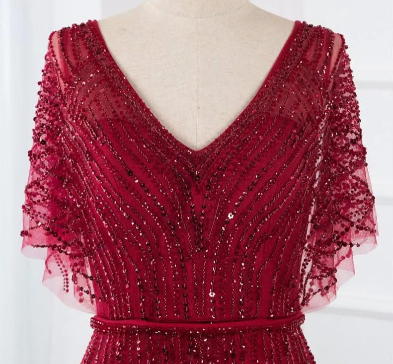 Half Sleeves Mermaid Beading Crystal Evening Gowns