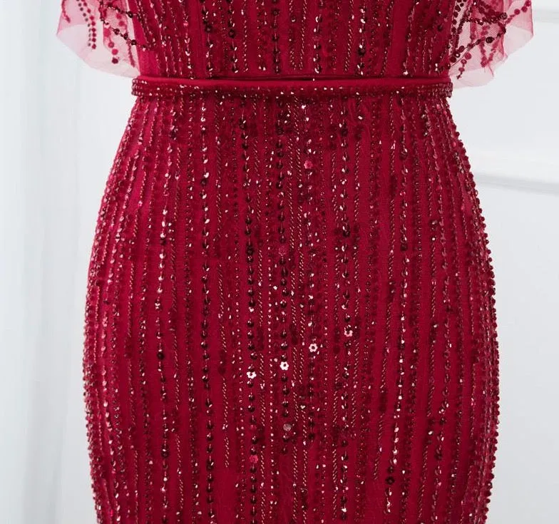 Half Sleeves Mermaid Beading Crystal Evening Gowns