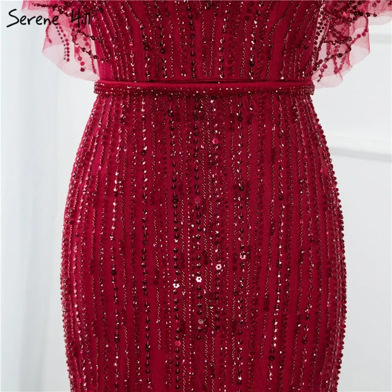 Half Sleeves Mermaid Beading Crystal Evening Gowns