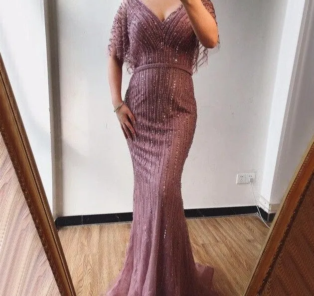 Half Sleeves Mermaid Beading Crystal Evening Gowns