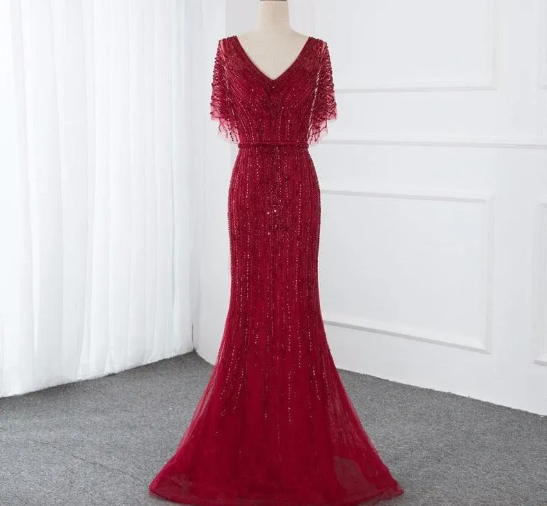 Half Sleeves Mermaid Beading Crystal Evening Gowns
