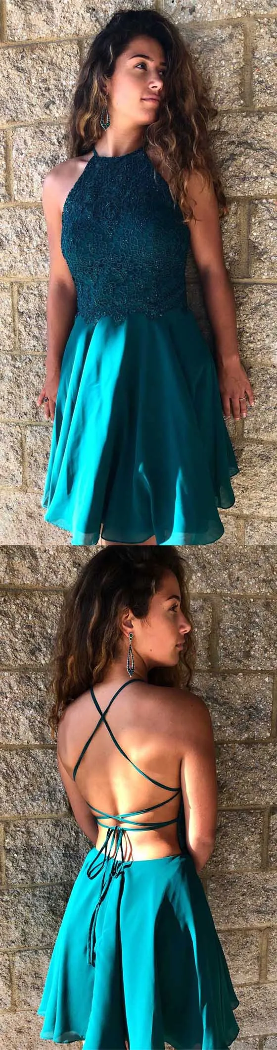 Halter Open Back Lace Chiffon Cheap Short Homecoming Dresses, BH110