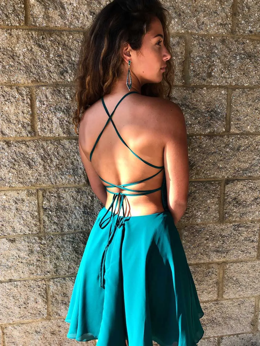 Halter Open Back Lace Chiffon Cheap Short Homecoming Dresses, BH110