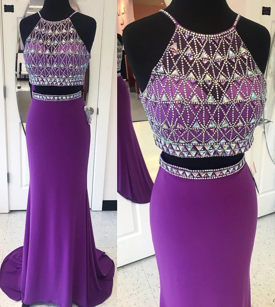 halter purple evening dresses long vestido de Longo chiffon beaded crystals mermaid chiffon sexy formal dress