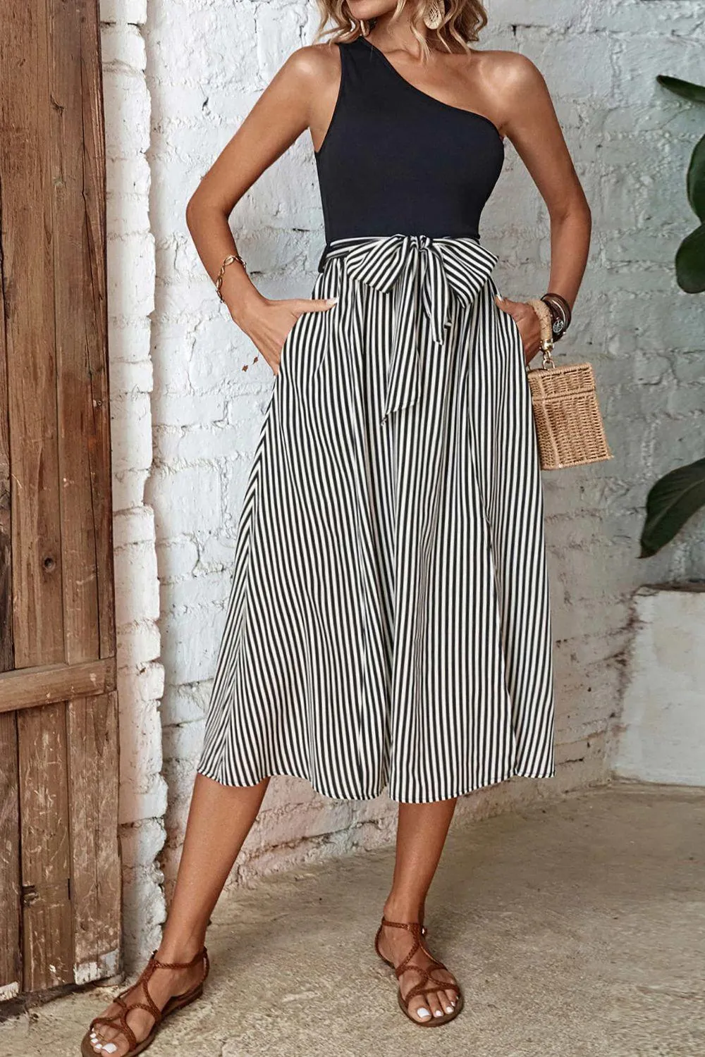 Hazel Blues® |  Striped One-Shoulder Slit Dress