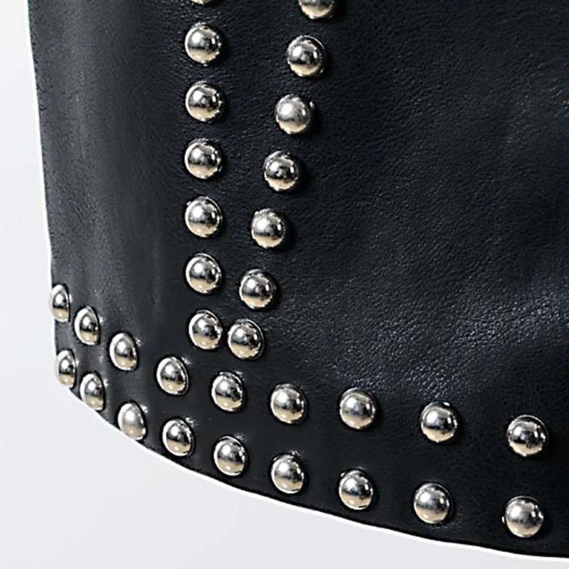 Heavy Rivets PU Leather Punk High Waist Single Breasted Mini Skirt