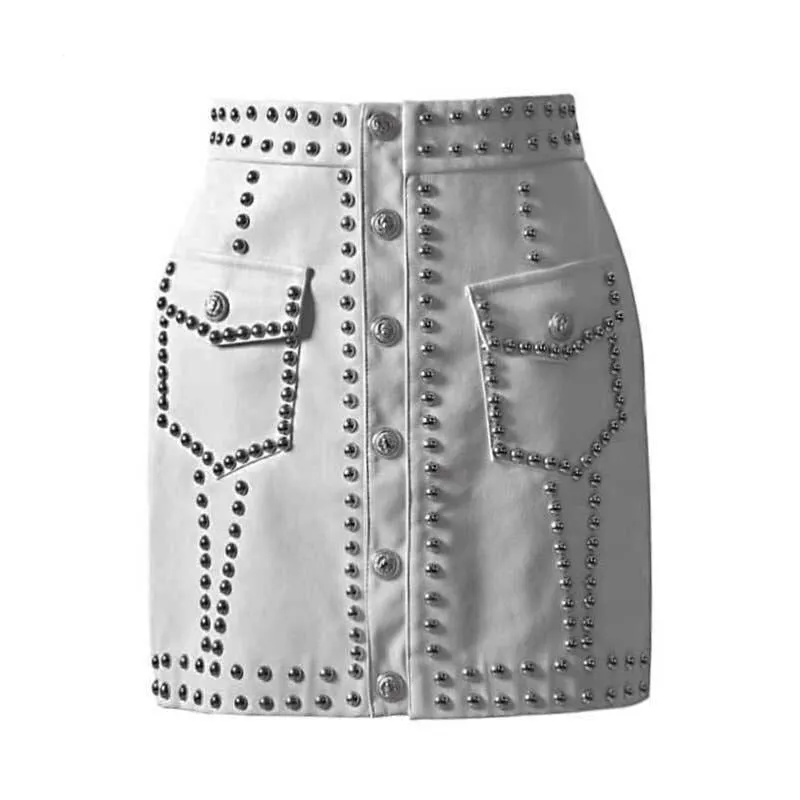 Heavy Rivets PU Leather Punk High Waist Single Breasted Mini Skirt