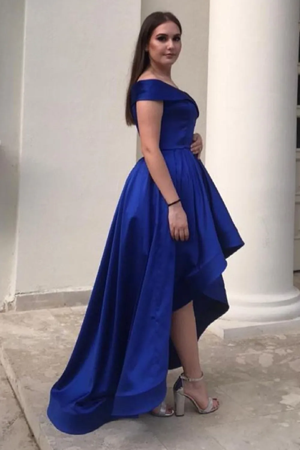 High Low Off Shoulder Blue Satin Long Prom Dress, High Low Blue Formal Dress, Off Shoulder Blue Evening Dress
